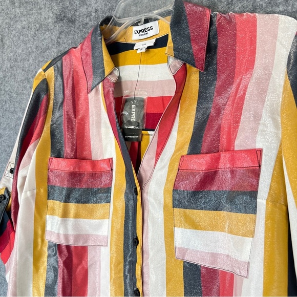 EXPRESS Portofino Striped Shimmer Button Up Blouse Vneck Collar Size Medium NWT - Picture 5 of 12